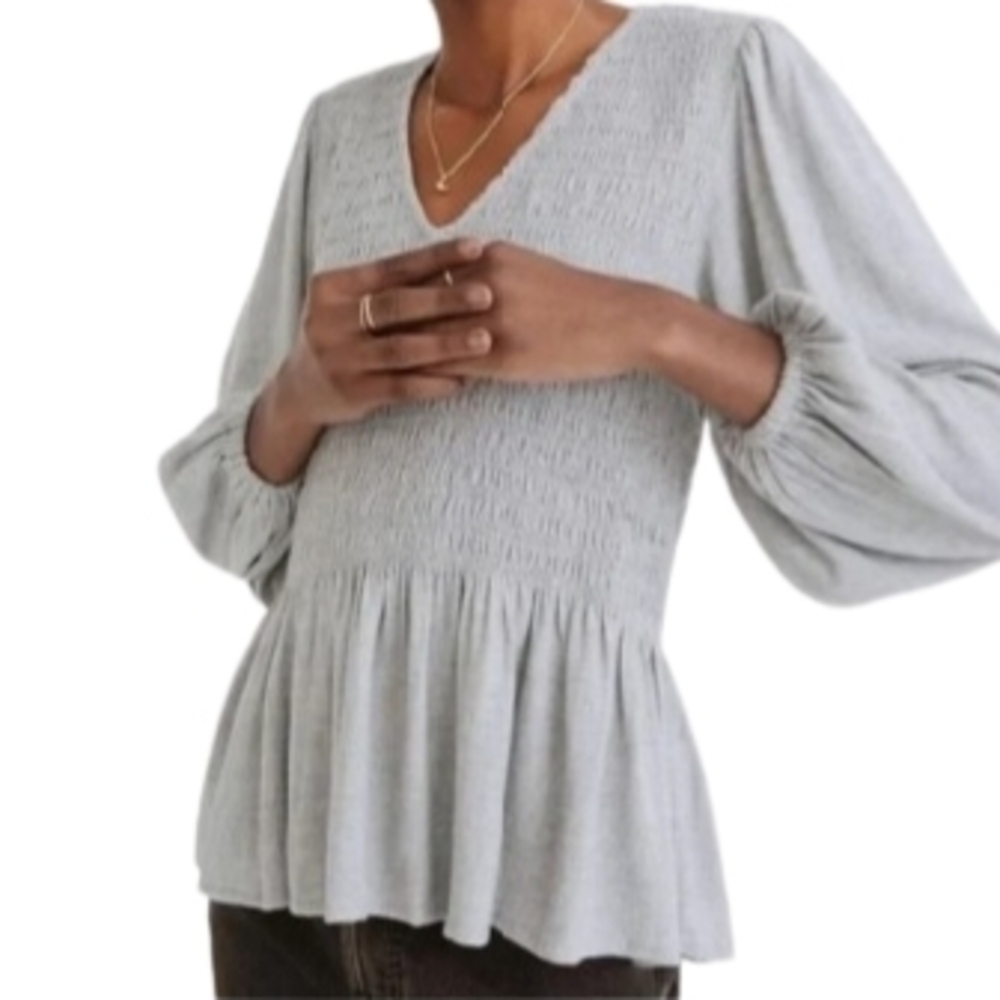 Madewell Lucie V-Neck Smocked Peplum Gray Top Wool Gauze Size XXS Soft & Cozy